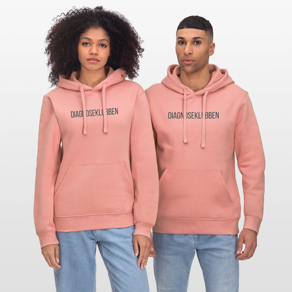 Unisex-Hoodie i flere farver - med mørk tryk & logo på ryggen - gammelrosa