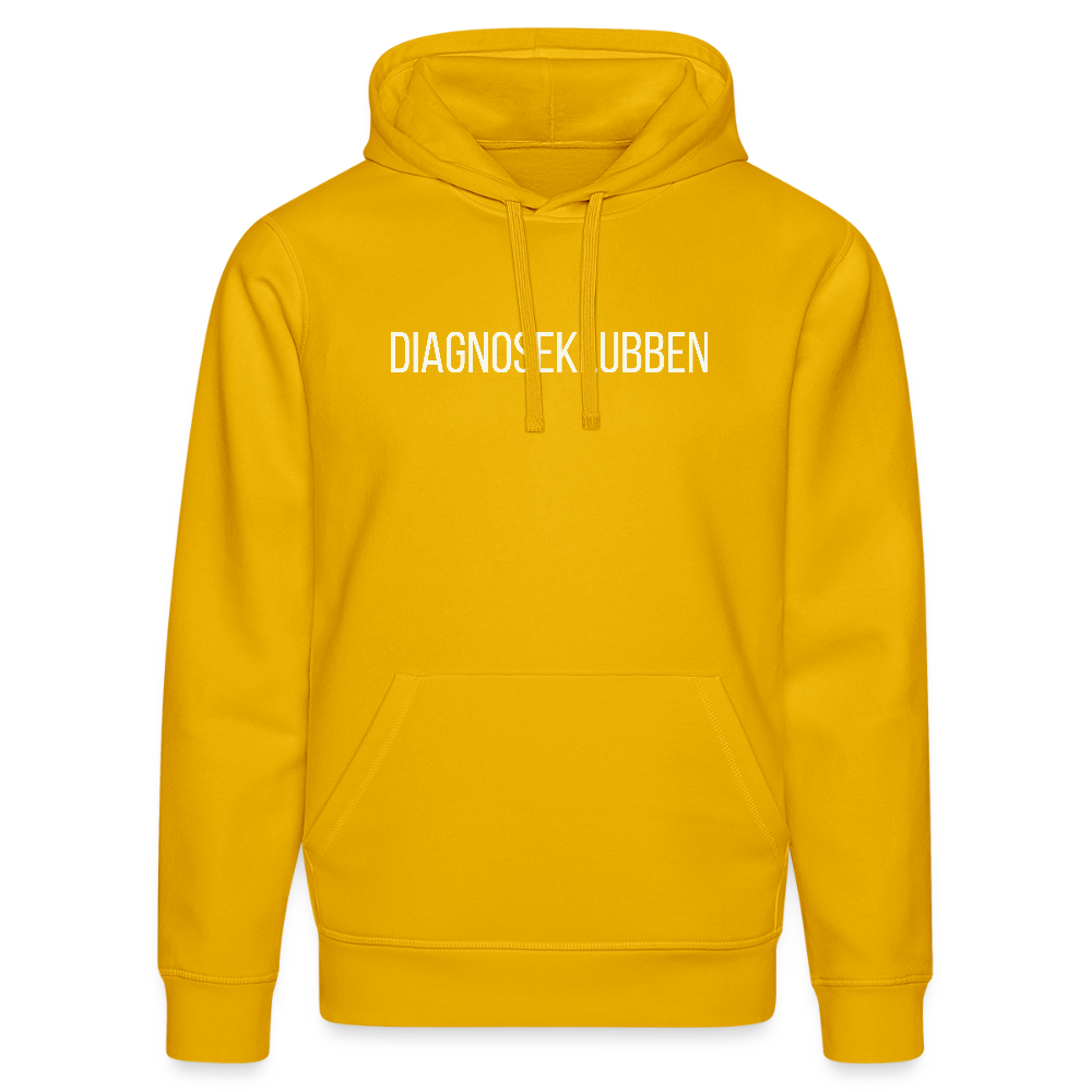 Unisex-Hoodie i flere farver - med hvid tryk & logo på ryggen - gul