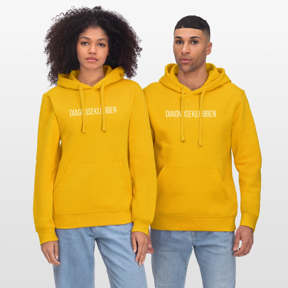 Unisex-Hoodie i flere farver - med hvid tryk & logo på ryggen - gul