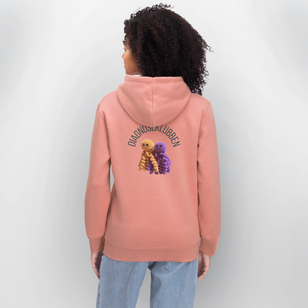 Unisex-Hoodie i flere farver - med mørk tryk & logo på ryggen - gammelrosa