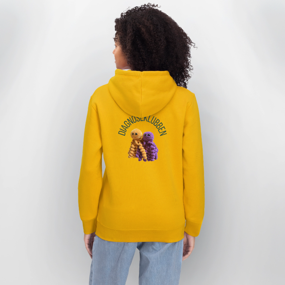 Unisex-Hoodie i flere farver - med mørk tryk & logo på ryggen - gul