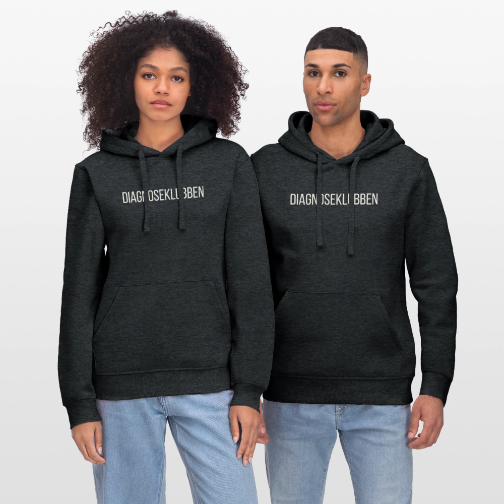 Unisex-Hoodie i flere farver - med hvid tryk & logo på ryggen - mørkegrå meleret
