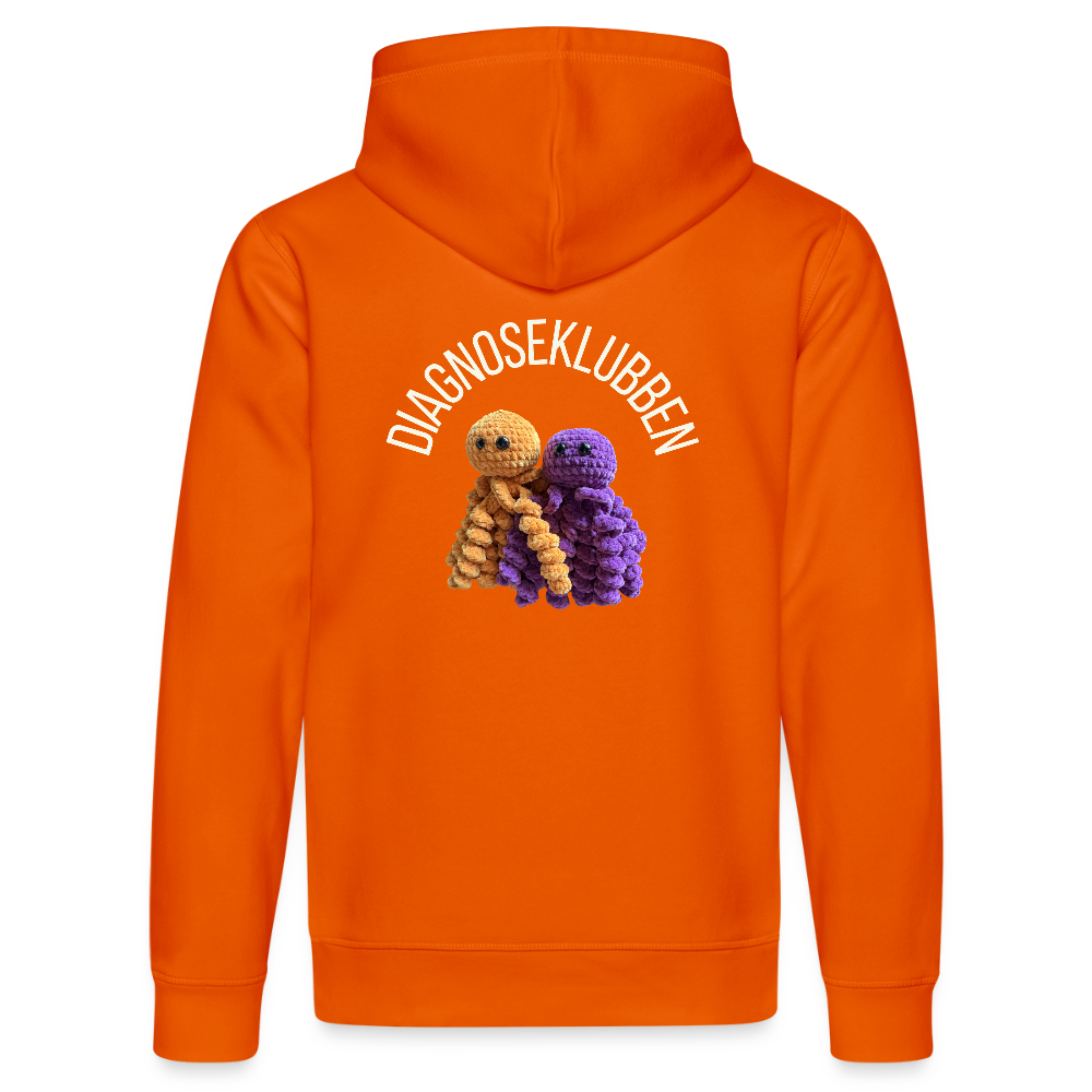 Unisex-Hoodie i flere farver - med hvid tryk & logo på ryggen - mørk orange