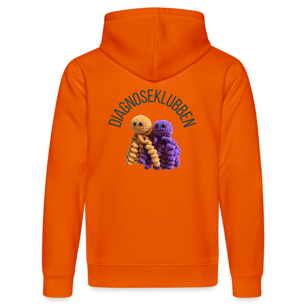 Unisex-Hoodie i flere farver - med mørk tryk & logo på ryggen - mørk orange
