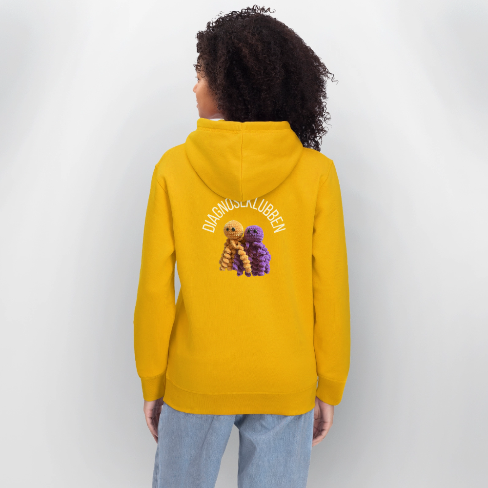 Unisex-Hoodie i flere farver - med hvid tryk & logo på ryggen - gul