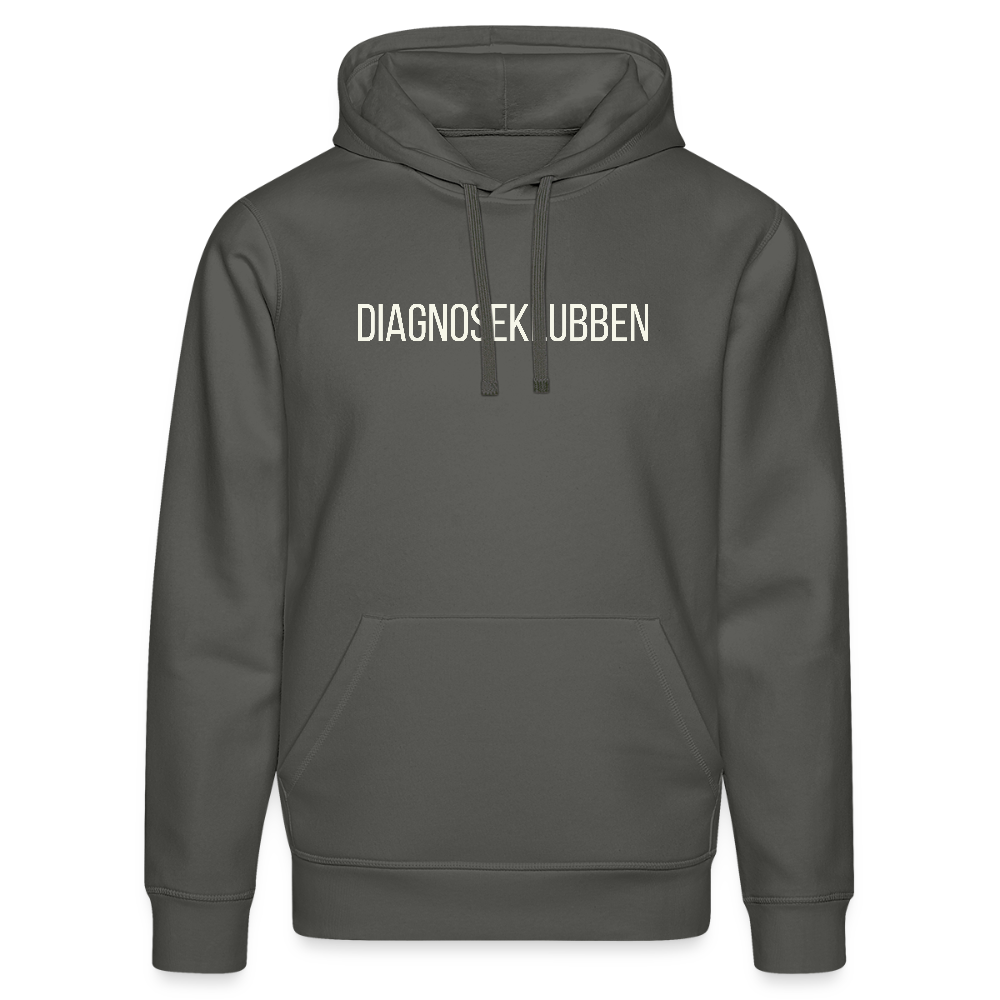 Unisex-Hoodie i flere farver - med hvid tryk & logo på ryggen - charcoal