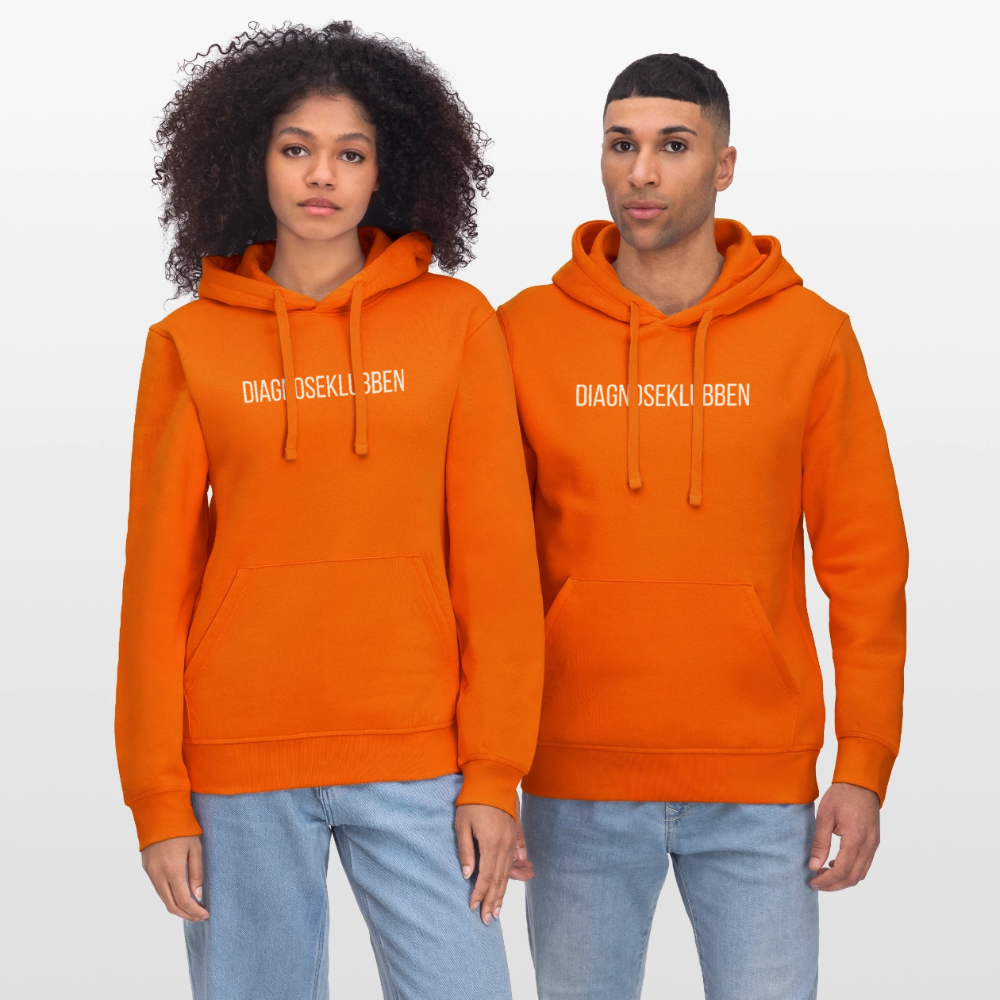 Unisex-Hoodie i flere farver - med hvid tryk & logo på ryggen - mørk orange