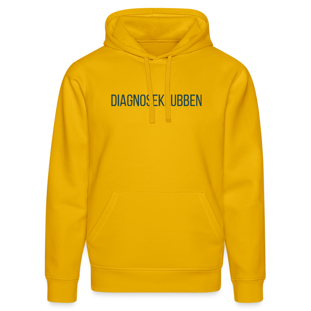 Unisex-Hoodie i flere farver - med mørk tryk & logo på ryggen - gul