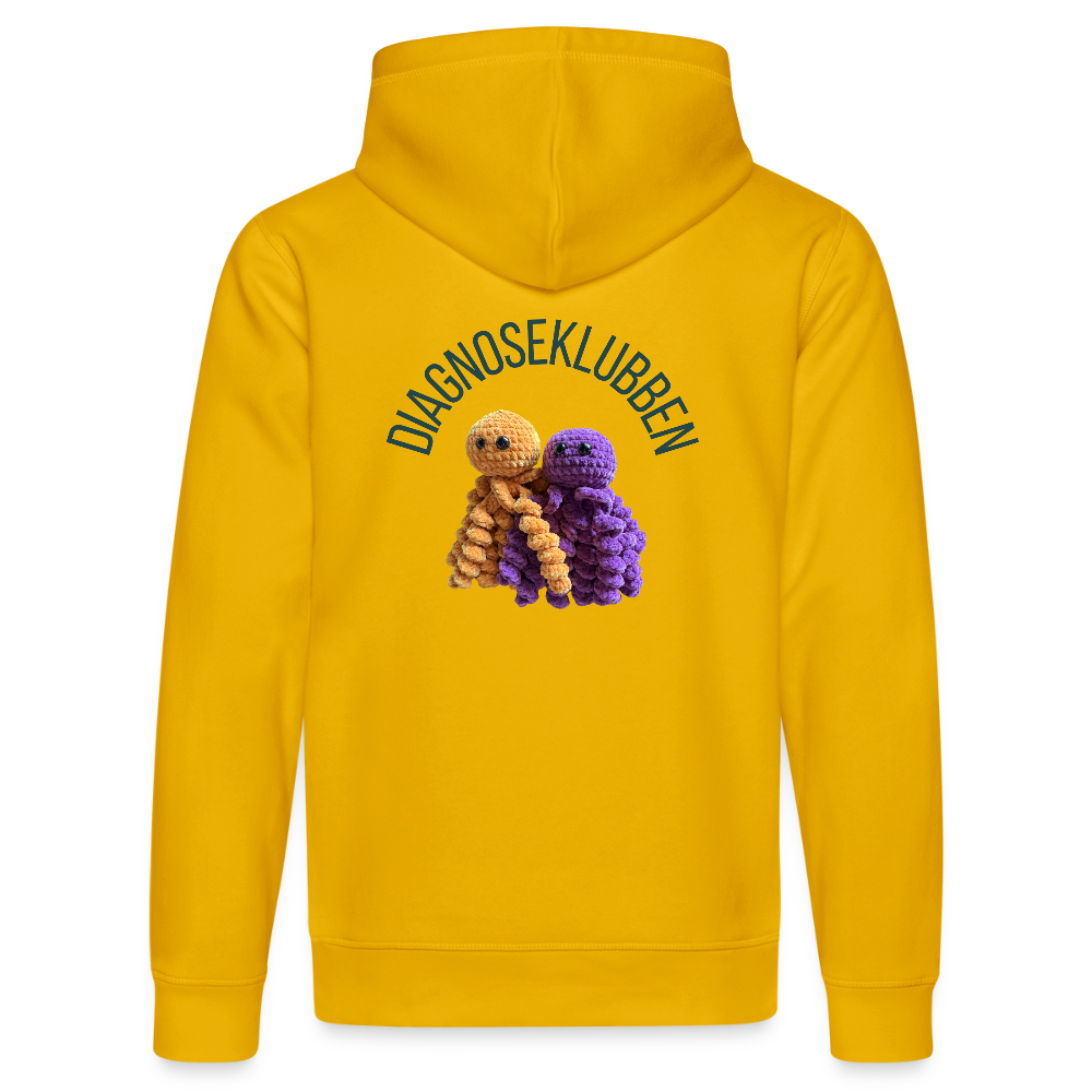 Unisex-Hoodie i flere farver - med mørk tryk & logo på ryggen - gul