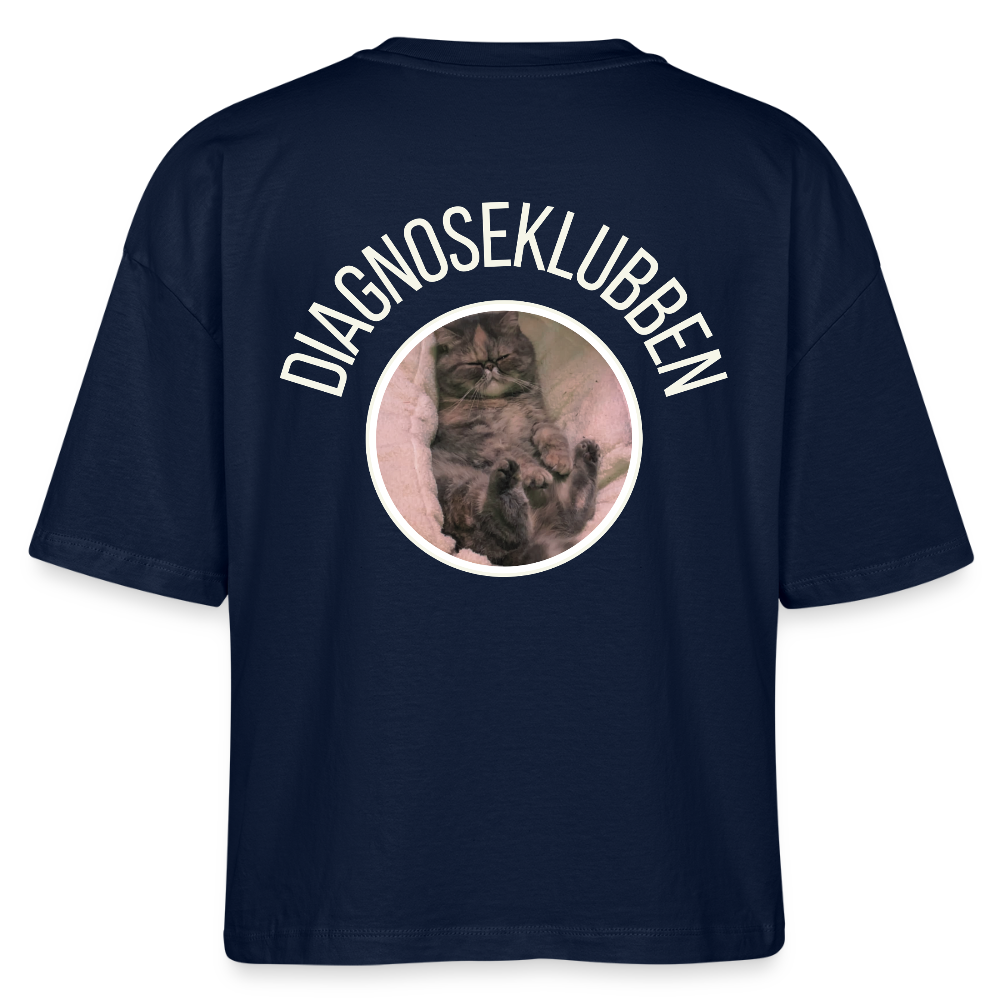 Oversized Dame T-shirt med terapikatten Frede på ryggen - marineblå