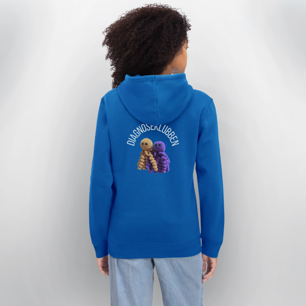 Unisex-Hoodie i flere farver - med hvid tryk & logo på ryggen - kongeblå