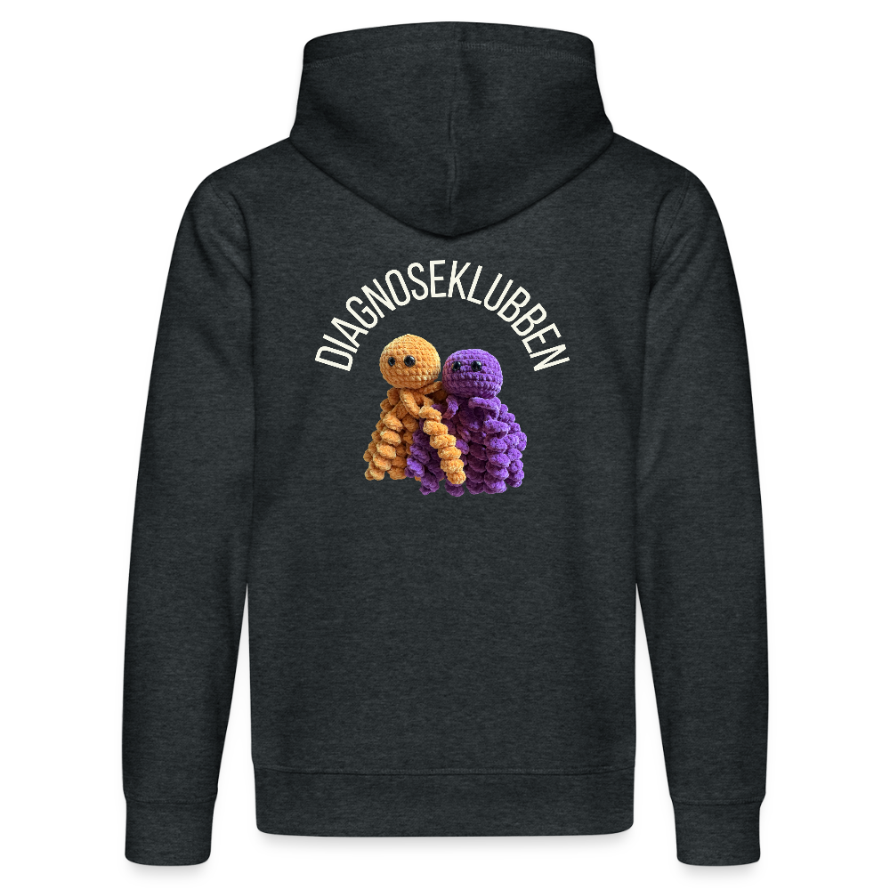 Unisex-Hoodie i flere farver - med hvid tryk & logo på ryggen - mørkegrå meleret