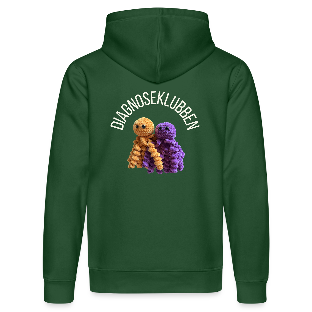 Unisex-Hoodie i flere farver - med hvid tryk & logo på ryggen - flaskegrøn