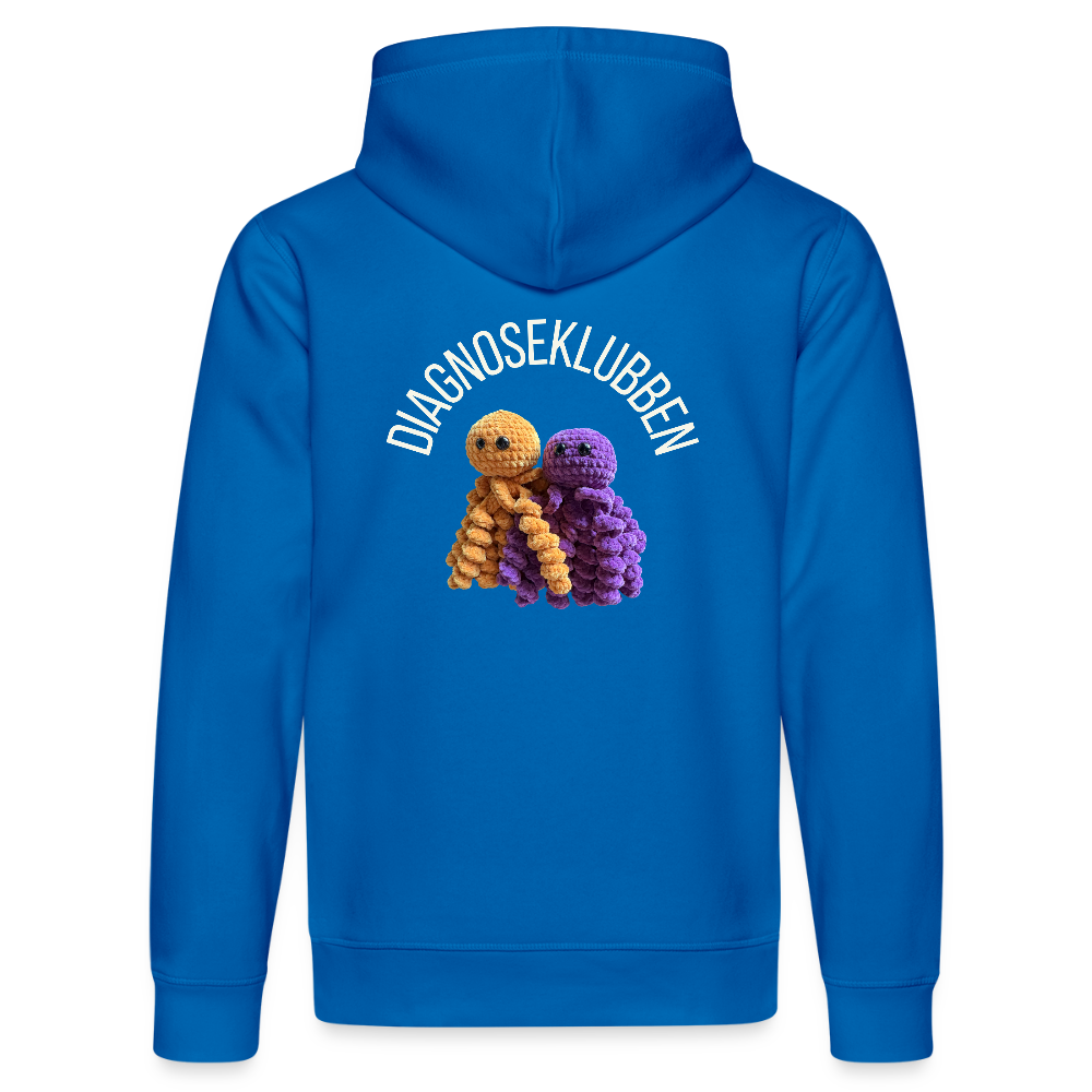 Unisex-Hoodie i flere farver - med hvid tryk & logo på ryggen - kongeblå