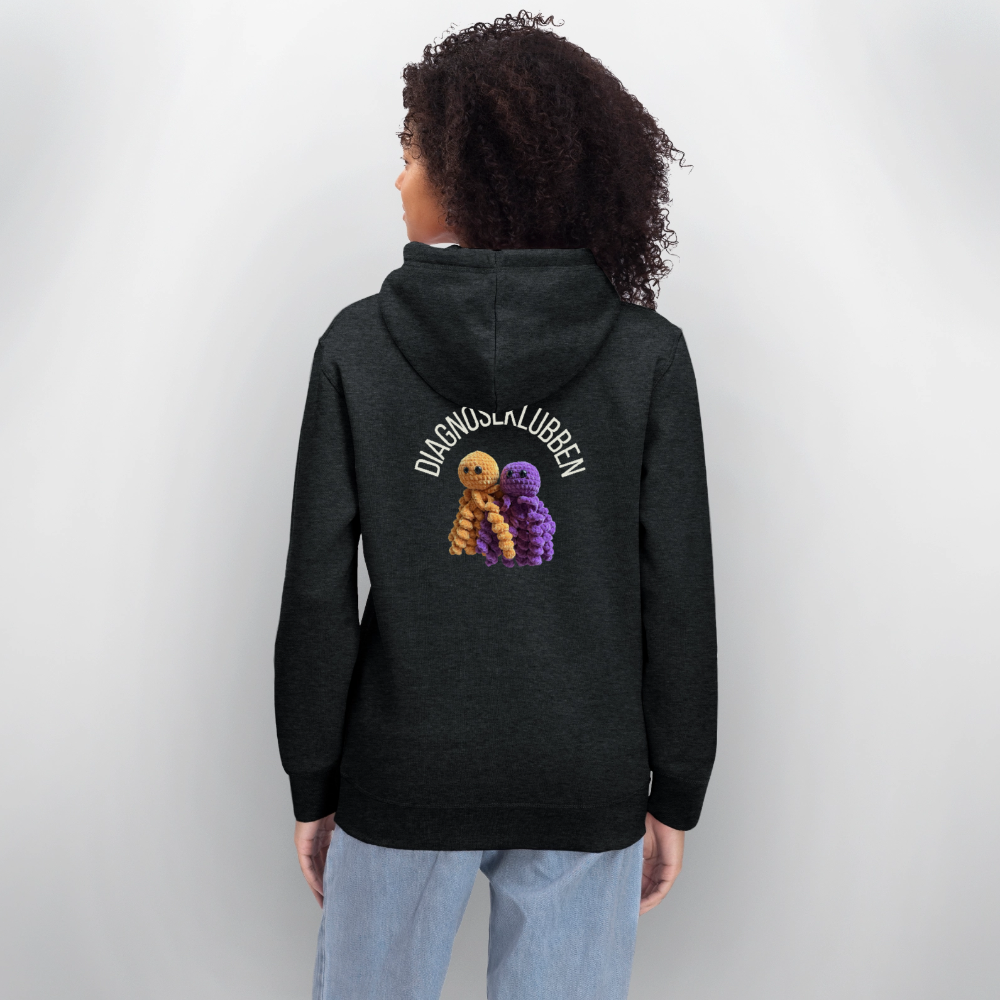 Unisex-Hoodie i flere farver - med hvid tryk & logo på ryggen - mørkegrå meleret