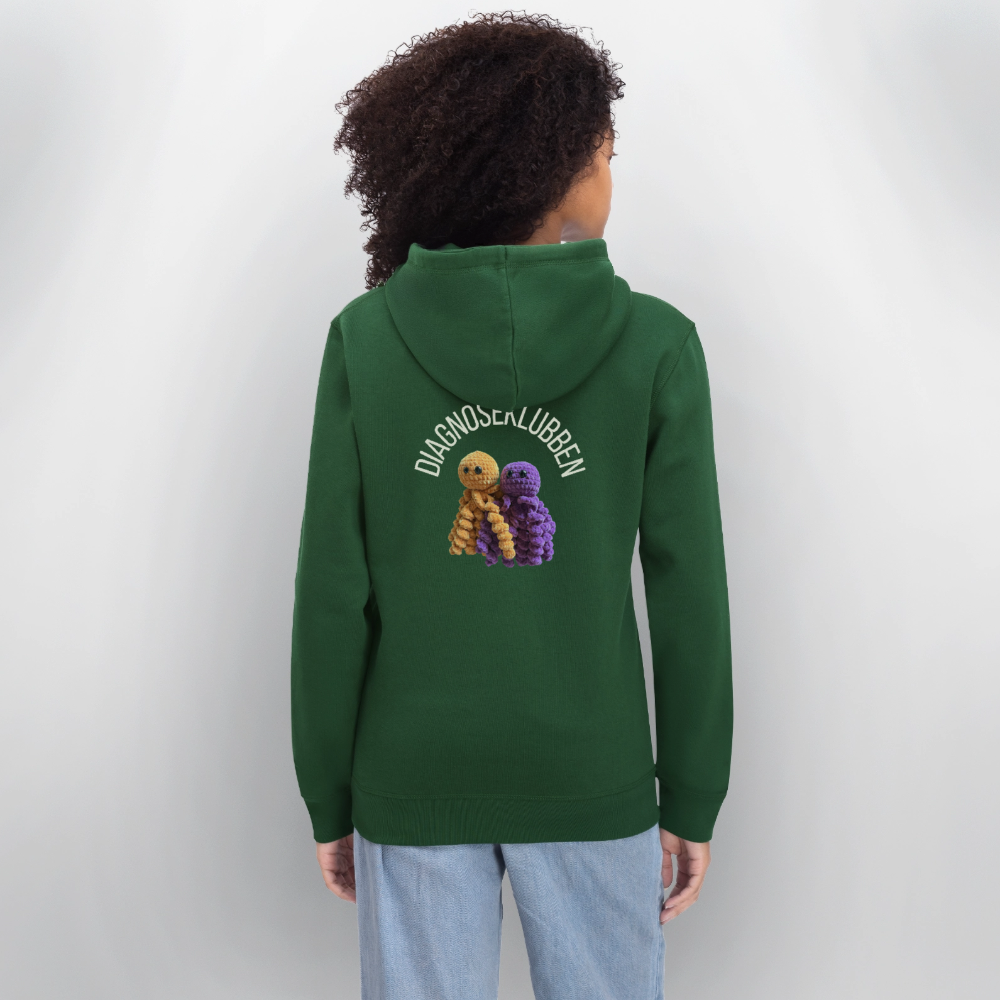 Unisex-Hoodie i flere farver - med hvid tryk & logo på ryggen - flaskegrøn