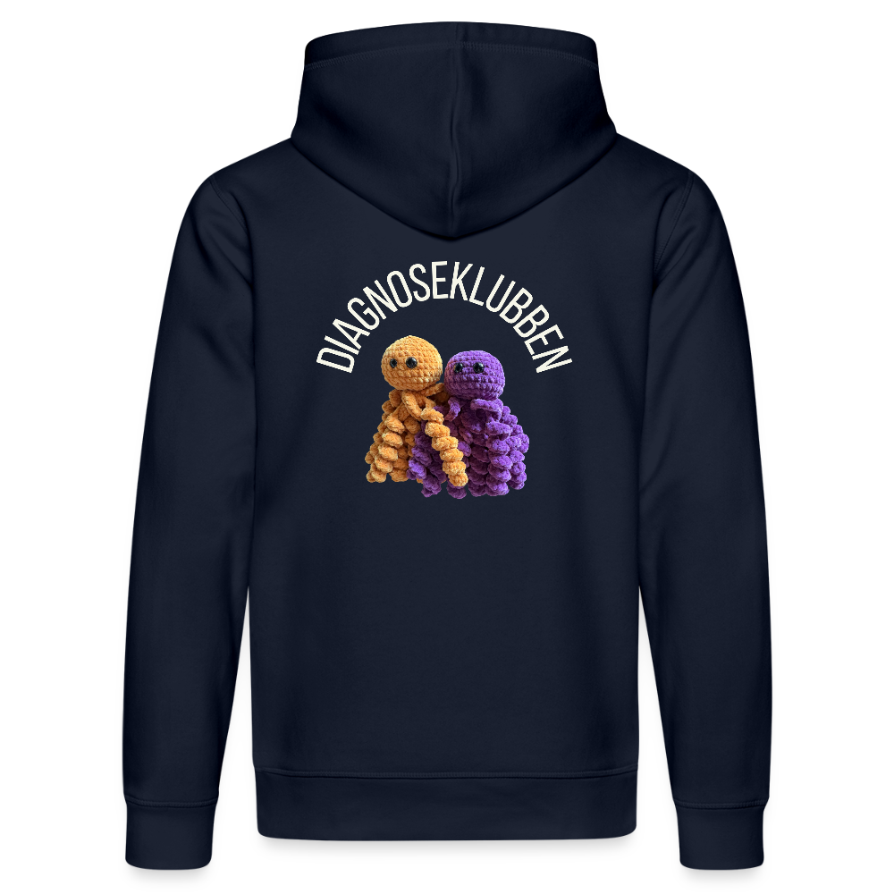 Unisex-Hoodie i flere farver - med hvid tryk & logo på ryggen - navy