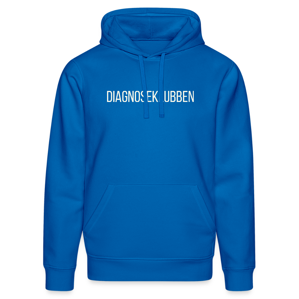 Unisex-Hoodie i flere farver - med hvid tryk & logo på ryggen - kongeblå