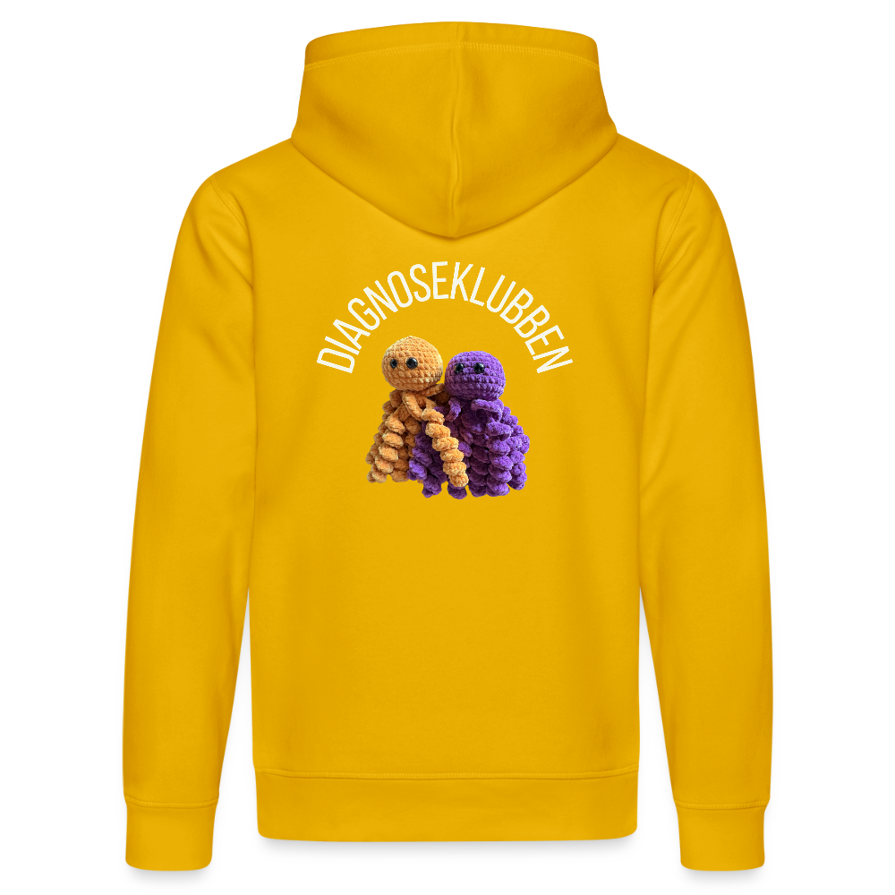 Unisex-Hoodie i flere farver - med hvid tryk & logo på ryggen - gul