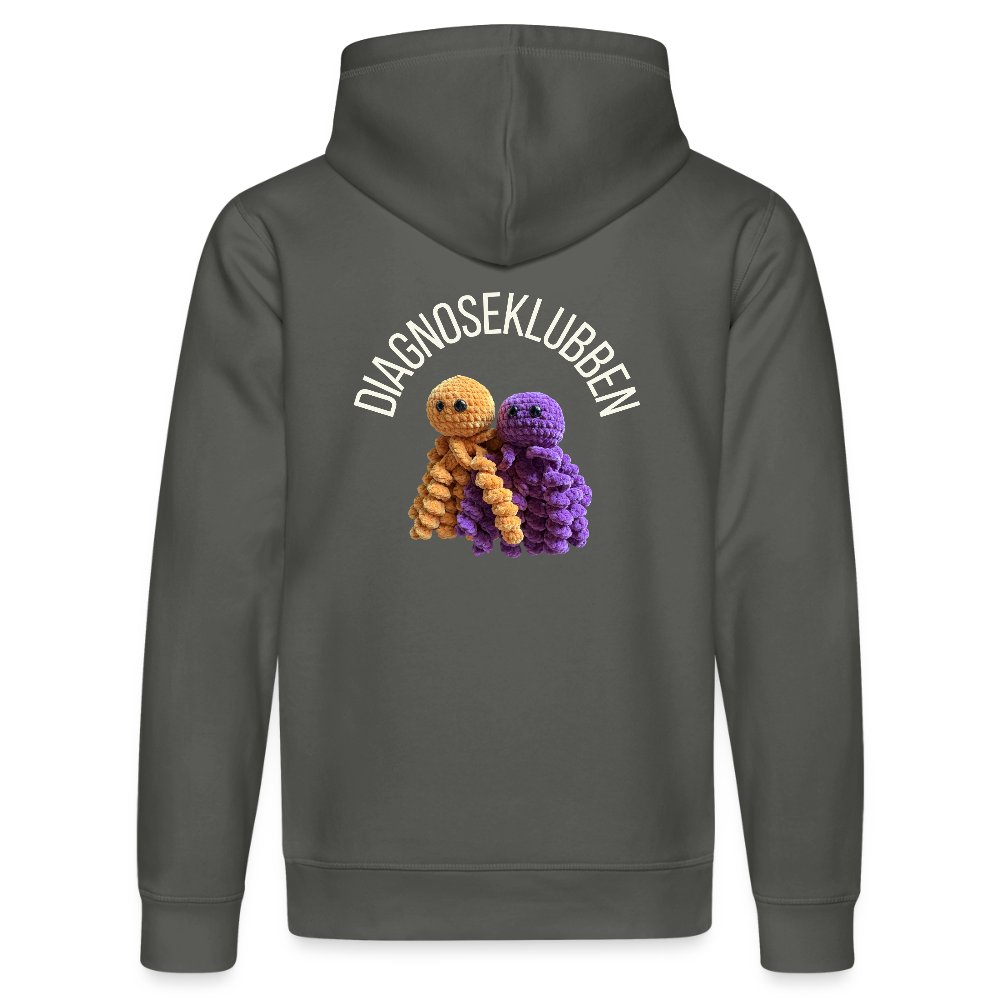 Unisex-Hoodie i flere farver - med hvid tryk & logo på ryggen - charcoal