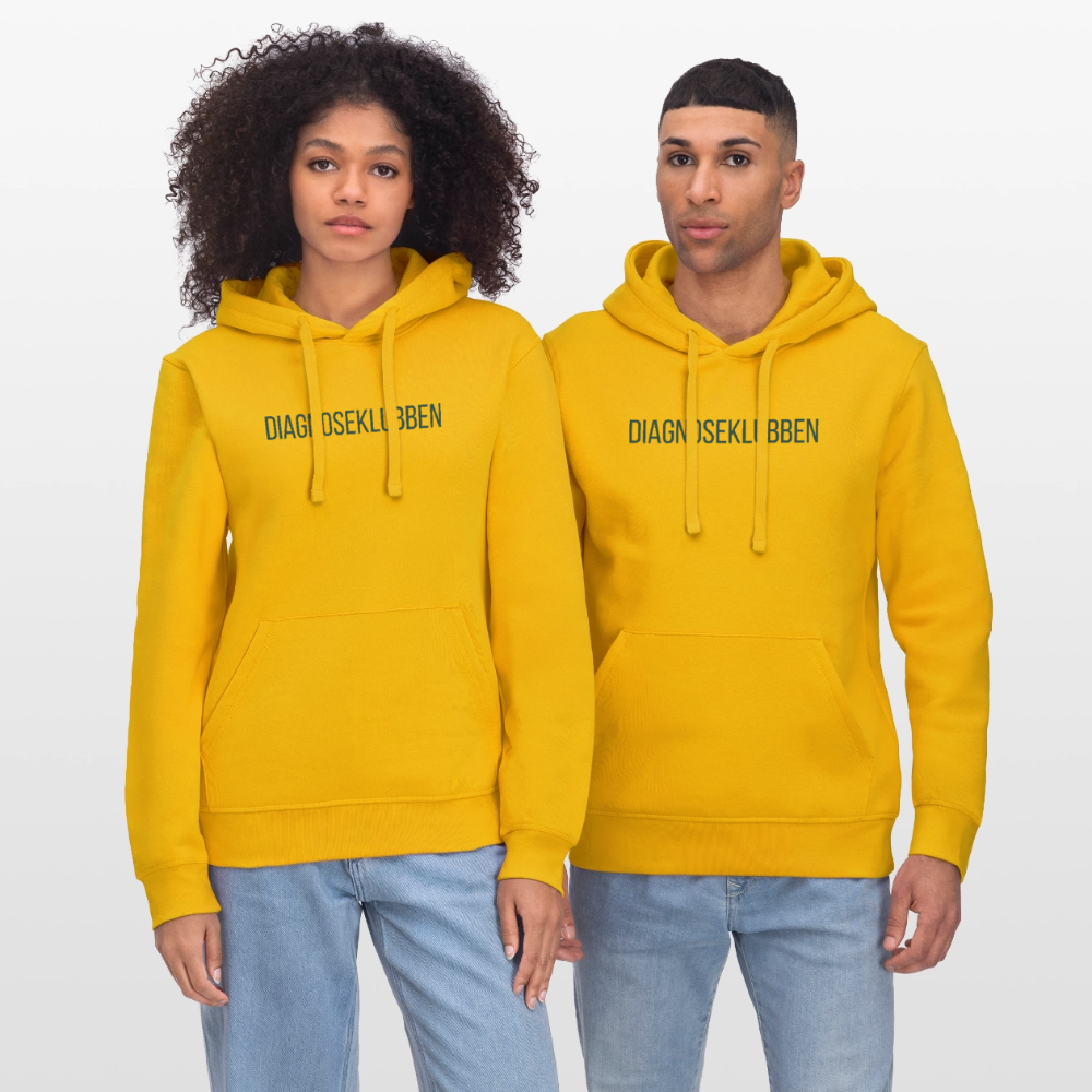 Unisex-Hoodie i flere farver - med mørk tryk & logo på ryggen - gul