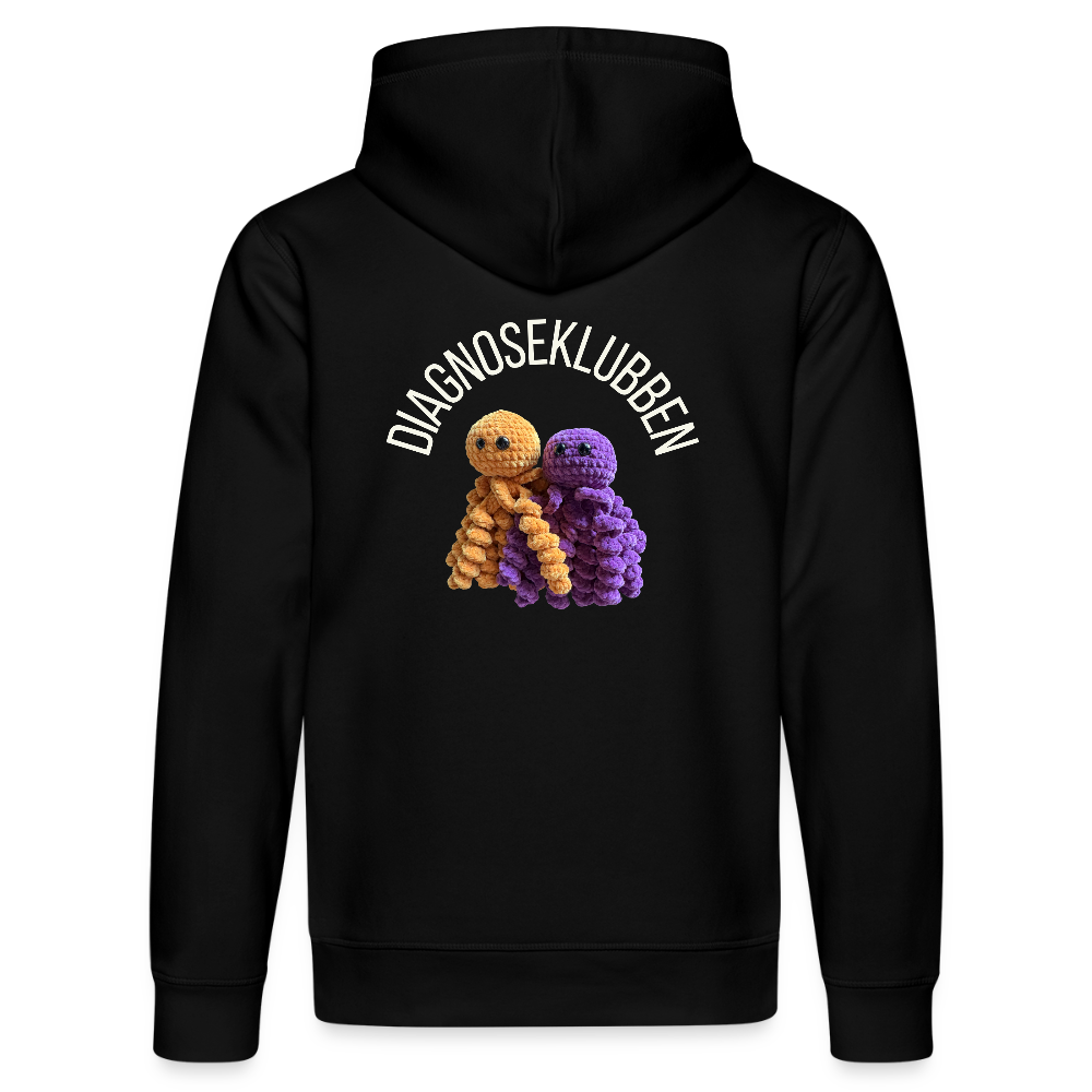 Unisex-Hoodie i flere farver - med hvid tryk & logo på ryggen - sort