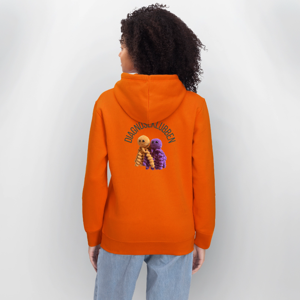 Unisex-Hoodie i flere farver - med mørk tryk & logo på ryggen - mørk orange