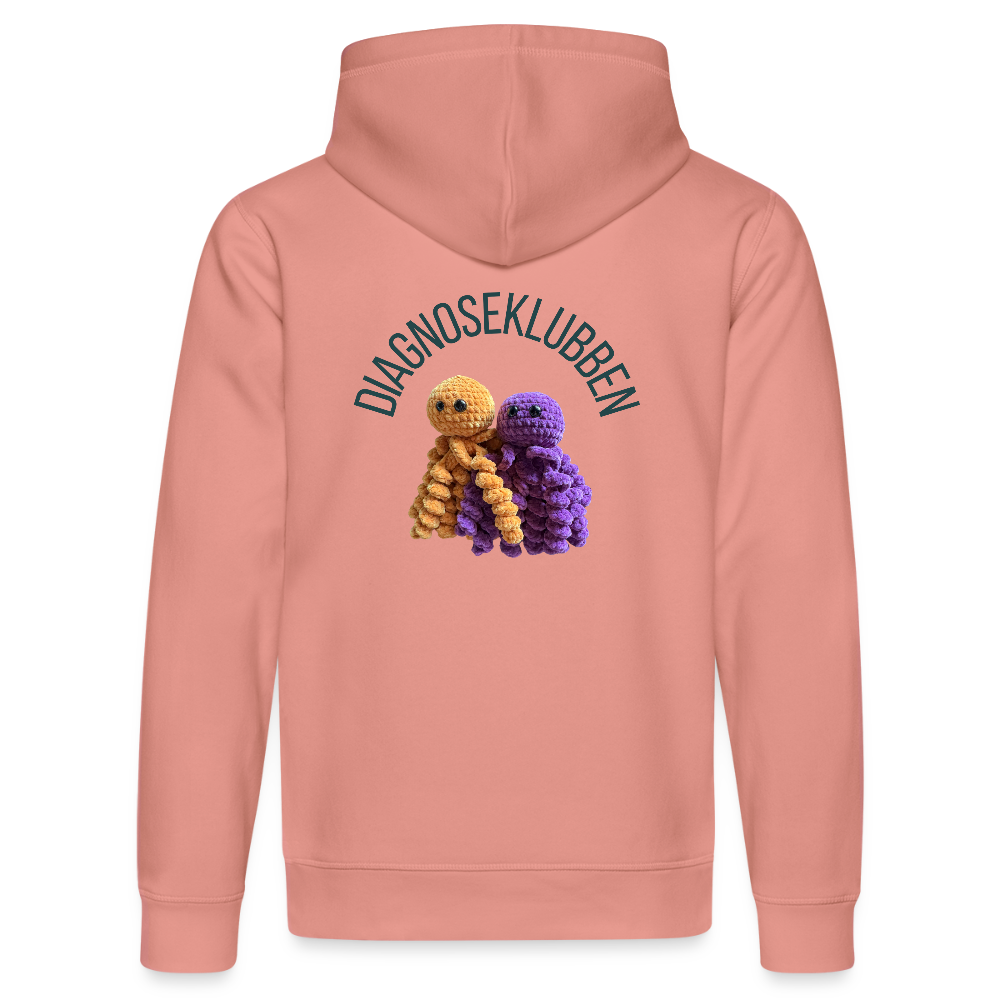 Unisex-Hoodie i flere farver - med mørk tryk & logo på ryggen - gammelrosa